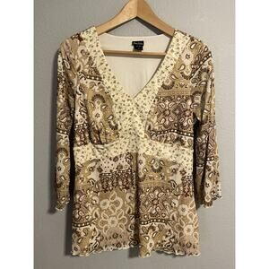 Vintage Assoluto Womens Top Large Beige Floral Stretch Lined 3/4 Sleeve Boho Y2K